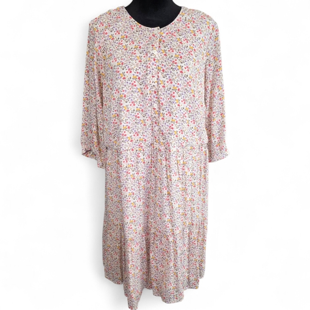 White Floral Tiered Midi Dress 3/4 Sleeve 1X Cottagecore Prairie Romantic Spring